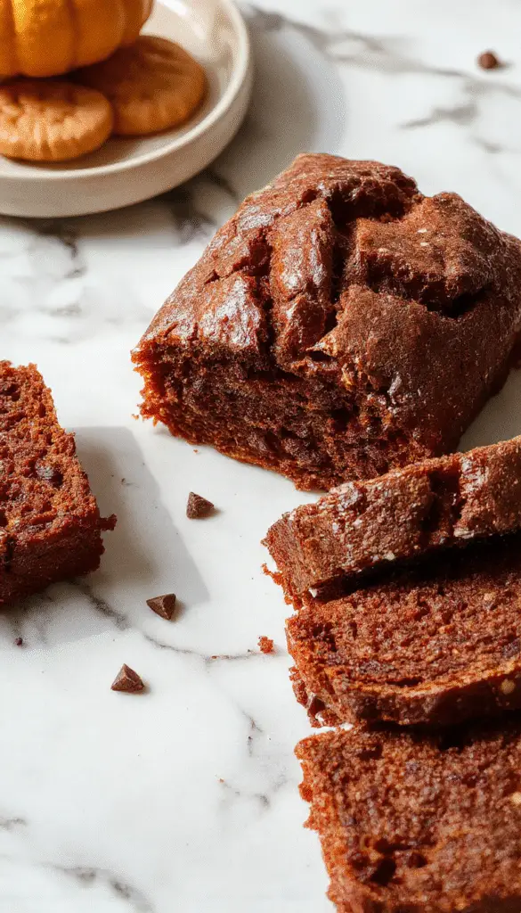 A freshly sliced loaf of moist chocolate pumpkin bread reveals a rich, dark interior speckled with chocolate chips. The bread is beautifully presented on a rustic wooden board, with a few slices fanned out to showcase the tender crumb and glossy chocolate streaks. The top is slightly cracked, hinting at its moist texture, with a dusting of cocoa powder around the edges. In the background, a cozy kitchen setting creates an inviting atmosphere, emphasizing the indulgent yet homemade feel of the baked good.