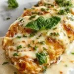 A close-up of a creamy chicken dish topped with melted mozzarella slices and fresh basil leaves, served on a white plate with a golden crust edges and vibrant green basil garnish, creating a rich and inviting presentation with a hint of herbaceous freshness.