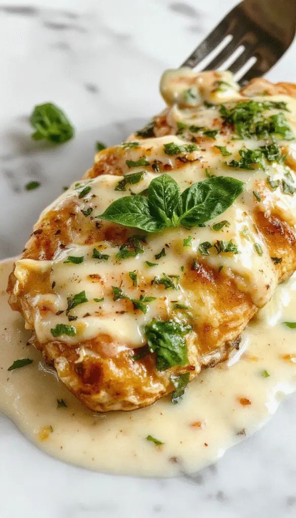 A close-up of a creamy chicken dish topped with melted mozzarella slices and fresh basil leaves, served on a white plate with a golden crust edges and vibrant green basil garnish, creating a rich and inviting presentation with a hint of herbaceous freshness.