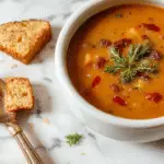 A steaming bowl of dark, earthy witchy soup garnished with fresh herbs and bright vegetables, presented in a rustic ceramic bowl on a wooden table with mystical candles and crystals in the background.
