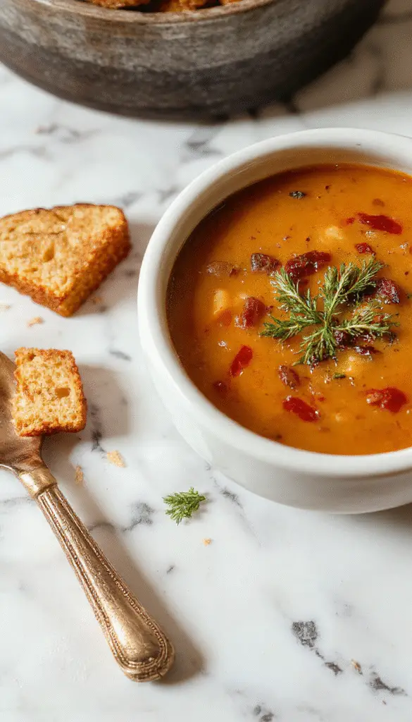 A steaming bowl of dark, earthy witchy soup garnished with fresh herbs and bright vegetables, presented in a rustic ceramic bowl on a wooden table with mystical candles and crystals in the background.