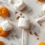 A close-up of twelve pumpkin-shaped marshmallow lollipops arranged in a circular pattern on a festive orange plate. The lollipops feature orange pumpkin faces made of fondant with black details, surrounded by autumn-themed decorations like small pumpkins and colorful fall leaves. The lollipops have glossy orange coating with textured white marshmallow handles, creating an inviting seasonal treat display.