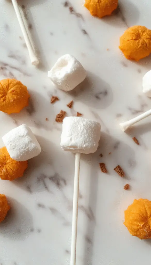 A close-up of twelve pumpkin-shaped marshmallow lollipops arranged in a circular pattern on a festive orange plate. The lollipops feature orange pumpkin faces made of fondant with black details, surrounded by autumn-themed decorations like small pumpkins and colorful fall leaves. The lollipops have glossy orange coating with textured white marshmallow handles, creating an inviting seasonal treat display.