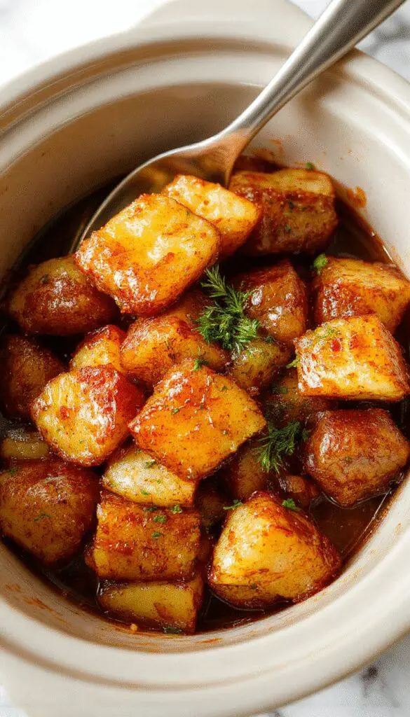 A rustic white bowl filled with golden-brown, crispy slow cooker potatoes coated in caramelized onion bits and herbs, garnished with fresh parsley. The dish is set on a wooden surface with a slightly blurred background that hints at a cozy kitchen setting, highlighting the inviting and hearty appearance of the potato side dish.