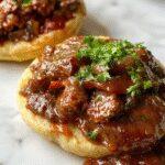 A hearty beef Manhattan dish served in a rustic crockpot with tender chunks of beef, topped with fresh herbs and surrounded by vibrant vegetables, showcasing a rich, savory gravy. The presentation highlights tender, well-seasoned beef pieces with a glossy finish, appealing for a comforting family meal.