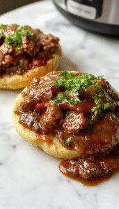 A hearty beef Manhattan dish served in a rustic crockpot with tender chunks of beef, topped with fresh herbs and surrounded by vibrant vegetables, showcasing a rich, savory gravy. The presentation highlights tender, well-seasoned beef pieces with a glossy finish, appealing for a comforting family meal.