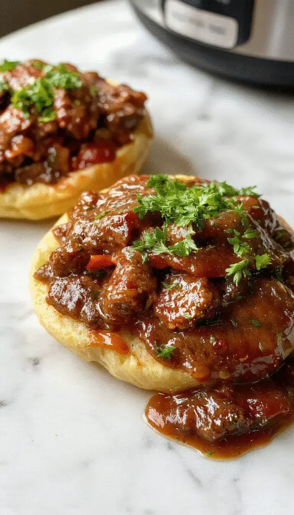 A hearty beef Manhattan dish served in a rustic crockpot with tender chunks of beef, topped with fresh herbs and surrounded by vibrant vegetables, showcasing a rich, savory gravy. The presentation highlights tender, well-seasoned beef pieces with a glossy finish, appealing for a comforting family meal.