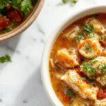 A steaming bowl of chicken stew topped with fresh herbs, surrounded by diced vegetables and tender chicken pieces. The stew has a rich, savory broth with a thick consistency, served in a rustic white bowl on a wooden table with a side of crusty bread.