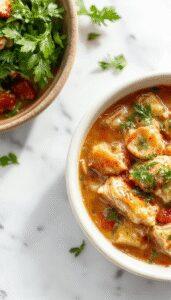 A steaming bowl of chicken stew topped with fresh herbs, surrounded by diced vegetables and tender chicken pieces. The stew has a rich, savory broth with a thick consistency, served in a rustic white bowl on a wooden table with a side of crusty bread.