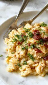 A creamy Tuscan chicken and orzo dish in a rustic white bowl, garnished with fresh herbs, showcasing tender chicken, al dente orzo, and a rich sauce, placed on a wooden table with a neutral background.