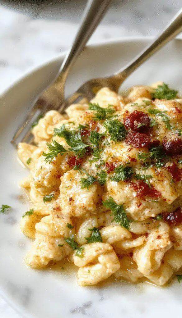 A creamy Tuscan chicken and orzo dish in a rustic white bowl, garnished with fresh herbs, showcasing tender chicken, al dente orzo, and a rich sauce, placed on a wooden table with a neutral background.
