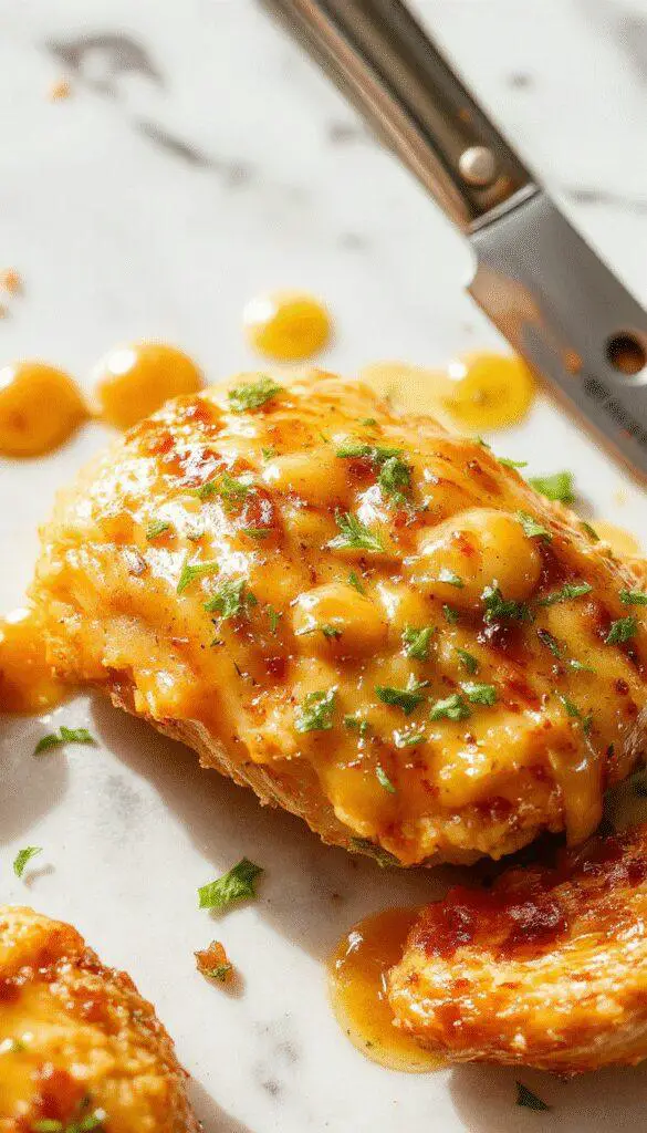 A succulent piece of Honey Mustard Chicken placed atop a bed of caramelized vegetables in a rustic white bowl, garnished with fresh herbs. The chicken has a golden-brown exterior coated with a glossy honey-mustard glaze, surrounded by a vibrant, colorful presentation that highlights the rich textures and appetizing shine.