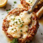 A close-up of succulent pork chops cooked to perfection in a creamy garlic parmesan sauce, garnished with freshly chopped parsley and atop a bed of sautéed mushrooms. The pork has a golden-brown crust, with the sauce glossy and creamy, revealing chunks of garlic and parmesan cheese. The plate is styled on a rustic wooden table, with the sauce slightly pooling around the meat, creating an inviting and hearty presentation.