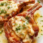 Golden-brown pork chops topped with a creamy garlic Parmesan sauce, garnished with chopped parsley, served on a rustic white plate with a side of sautéed garlic mushrooms. The dish showcases tender meat with a rich, velvety sauce, set against a dark background that highlights the glistening sauce and crispy edges of the pork chops.