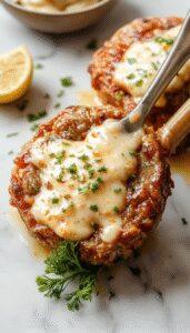 A close-up of succulent pork chops cooked to perfection in a creamy garlic parmesan sauce, garnished with freshly chopped parsley and atop a bed of sautéed mushrooms. The pork has a golden-brown crust, with the sauce glossy and creamy, revealing chunks of garlic and parmesan cheese. The plate is styled on a rustic wooden table, with the sauce slightly pooling around the meat, creating an inviting and hearty presentation.