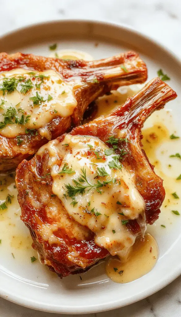 Golden-brown pork chops topped with a creamy garlic Parmesan sauce, garnished with chopped parsley, served on a rustic white plate with a side of sautéed garlic mushrooms. The dish showcases tender meat with a rich, velvety sauce, set against a dark background that highlights the glistening sauce and crispy edges of the pork chops.