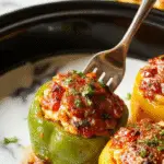 A vibrant plate of stuffed bell peppers featuring bright red, yellow, and green peppers filled with a savory mixture of ground beef, rice, and vegetables. The peppers are topped with melted cheese and garnished with fresh herbs, arranged neatly on a rustic wooden table with a side of fresh salad and a small bowl of sauce, all presented in a clean, white dish.