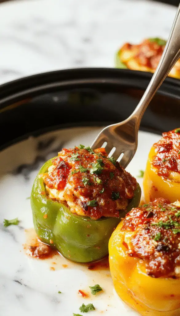 A vibrant plate of stuffed bell peppers featuring bright red, yellow, and green peppers filled with a savory mixture of ground beef, rice, and vegetables. The peppers are topped with melted cheese and garnished with fresh herbs, arranged neatly on a rustic wooden table with a side of fresh salad and a small bowl of sauce, all presented in a clean, white dish.
