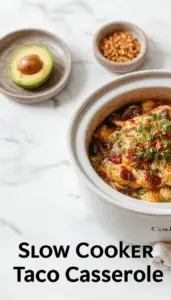 A hearty slow cooker taco casserole served on a rustic plate, featuring a vibrant mixture of seasoned ground beef, melted cheese, fresh tomato, and chopped green onions. The casserole is garnished with cilantro and sour cream, with a side of crispy tortilla chips and a lime wedge. The dish showcases a colorful, layered presentation with a golden-brown cheese crust on top, inviting and appetizing.