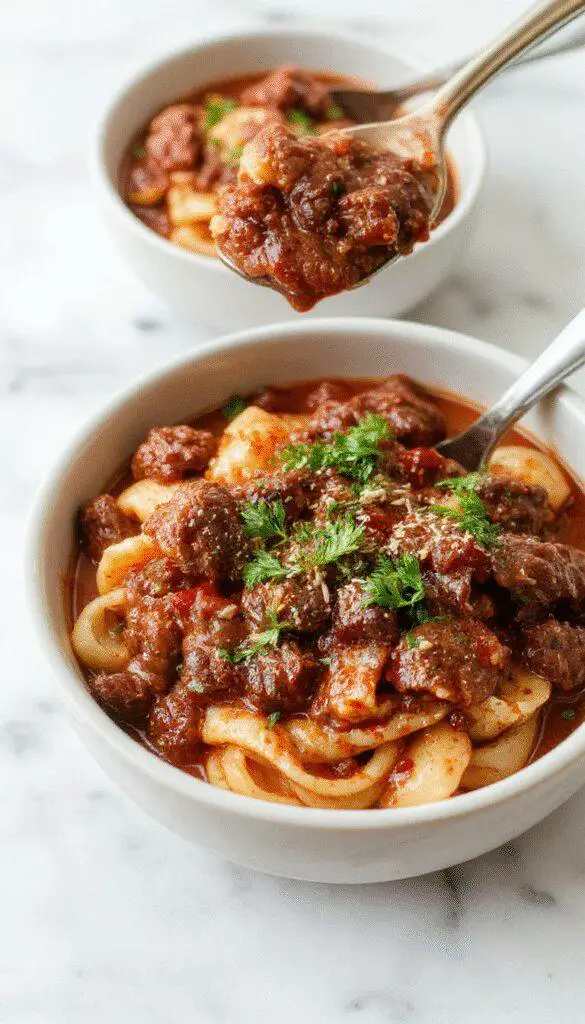 A rich, deep-brown beef ragu served over wide pasta noodles in a rustic white bowl, garnished with freshly chopped herbs, with steam gently rising, set on a wooden table with a rustic backdrop.