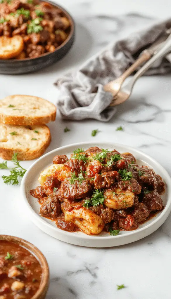 A rustic white bowl filled with rich beef ragu, showcasing tender shredded beef immersed in a thick, glossy tomato-based sauce with herbs. The dish is garnished with fresh basil leaves and served alongside al dente pasta on a wooden table, with steam gently rising to evoke warmth and comfort.