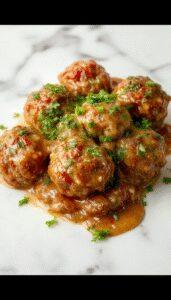A hearty plate of Salisbury steak meatballs in a rich brown gravy, garnished with fresh parsley, served alongside buttery mashed potatoes and steamed vegetables. The dish is presented on a rustic wooden table with a side of crusty bread, showcasing a comforting and inviting family meal.