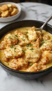 A sizzling skillet of honey butter chicken breast topped with a glossy, golden honey butter glaze. The chicken rests on a bed of melted butter sauce, garnished with fresh herbs, and served with vibrant, colorful sides. The dish is presented on a rustic wooden table, emphasizing its hearty and comforting appeal.