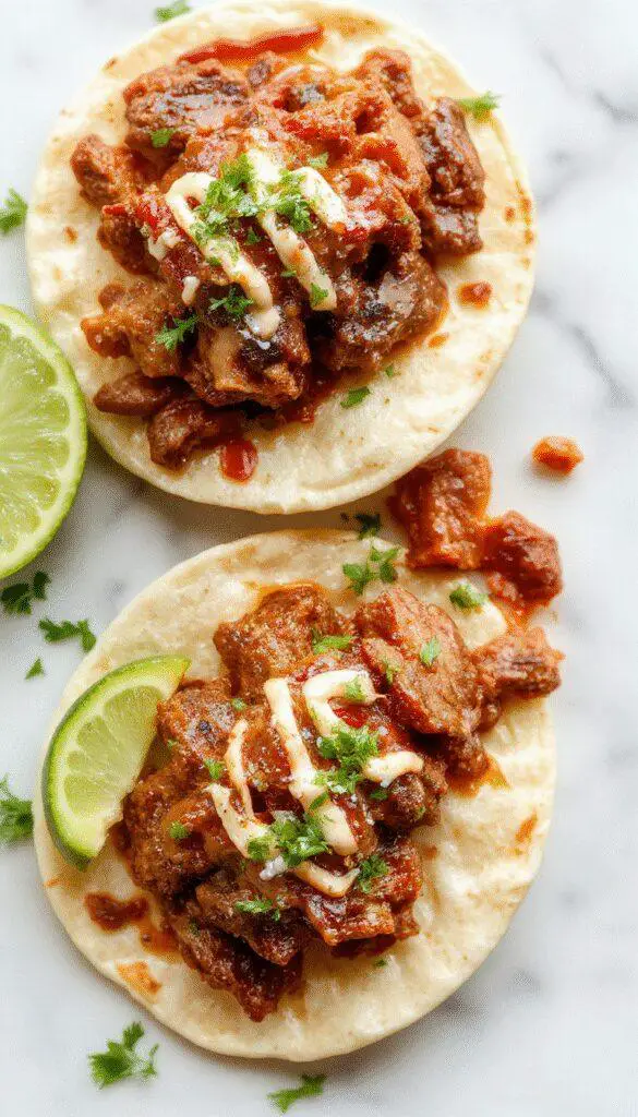 A serving of golden-brown birria tacos filled with tender, shredded beef topped with fresh cilantro and diced onions, drizzled with rich red consommé, presented on a rustic wooden plate with lime wedges and a side of chopped cilantro.