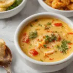 A steaming bowl of creamy cauliflower soup garnished with freshly chopped herbs, served in a rustic white bowl on a wooden table with a loaf of crusty bread beside it, highlighting the smooth texture and inviting presentation.