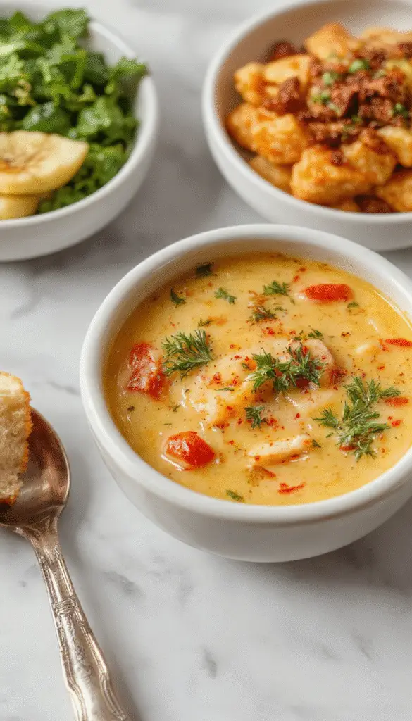 A steaming bowl of creamy cauliflower soup garnished with freshly chopped herbs, served in a rustic white bowl on a wooden table with a loaf of crusty bread beside it, highlighting the smooth texture and inviting presentation.