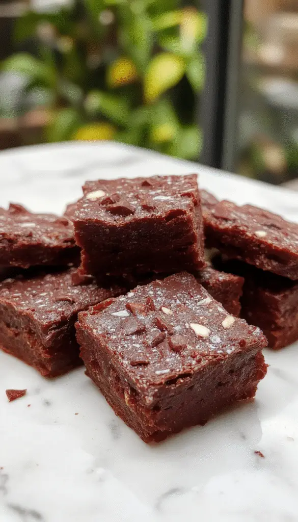 A close-up of Vampire Fudge arranged on a dark platter. The fudge is deep red with black drizzles resembling blood streaks, topped with edible eyes and tiny fangs. The background features a spooky Halloween-themed setting with candles and cobwebs, enhancing the eerie atmosphere.