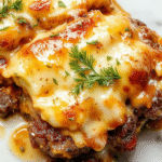 A close-up of a hearty serving of Amish hamburger steak baked to golden brown, topped with a savory onion gravy, garnished with fresh herbs on a rustic plate amidst a cozy kitchen setting