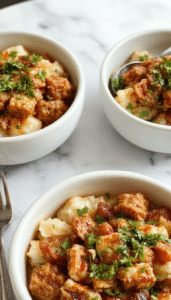 A vibrant rice bowl featuring seasoned ground turkey topped with a tangy, creamy bang bang sauce, garnished with chopped green onions and sesame seeds, served in a white ceramic bowl on a rustic wooden surface.
