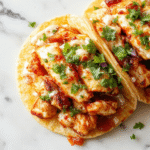 A vibrant plate of Chicken Street Tacos featuring tender shredded chicken, topped with fresh diced tomatoes, cilantro, and slices of lime. The tacos are arranged on a colorful ceramic dish with a side of diced onions and a small bowl of salsa, garnished with a sprig of cilantro. The background shows a rustic wooden table with a hint of a Mexican-themed setting.