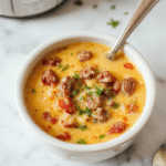 A hearty bowl of cheeseburger soup garnished with shredded cheese and chopped green onions, served atop a rustic wooden table with a spoon inserted, steam gently rising from the warm, creamy orange-colored soup, with chunks of ground beef and vegetables visible through the smooth surface.