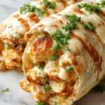 A close-up of a vibrant grilled chicken burrito wrapped in foil, filled with shredded chicken, creamy ranch sauce, and chipotle peppers, topped with fresh cilantro and sliced jalapeños, presented on a rustic wooden platter with colorful side dishes in the background.