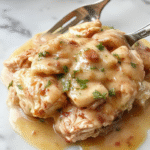 A hearty serving of shredded chicken covered in rich, creamy gravy on a rustic white plate, garnished with fresh herbs, with a side of mashed potatoes and steamed vegetables, set on a wooden table with a cozy autumn backdrop.