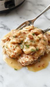 A hearty serving of shredded chicken covered in rich, creamy gravy on a rustic white plate, garnished with fresh herbs, with a side of mashed potatoes and steamed vegetables, set on a wooden table with a cozy autumn backdrop.