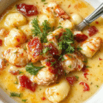 A bowl of creamy chicken and gnocchi soup topped with chopped fresh herbs, visible tender gnocchi, shredded chicken, and vibrant vegetables, garnished with a sprig of parsley, with steam rising gently, set on a rustic wooden table with a warm, cozy ambiance in the background.