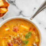 A steaming bowl of creamy cauliflower soup garnished with freshly chopped herbs and a drizzle of cream, served on a rustic wooden table with a crusty bread slice on the side. The smooth, velvety texture of the soup contrasts with the vibrant green herbs and the golden-brown bread crust, evoking a sense of warmth and comfort.