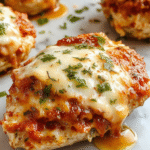 A golden-brown baked chicken parmesan topped with melted marinara sauce and bubbling mozzarella cheese, garnished with fresh basil leaves, presented on a white plate with a side of spaghetti.