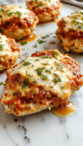 A golden-brown baked chicken parmesan topped with melted marinara sauce and bubbling mozzarella cheese, garnished with fresh basil leaves, presented on a white plate with a side of spaghetti.