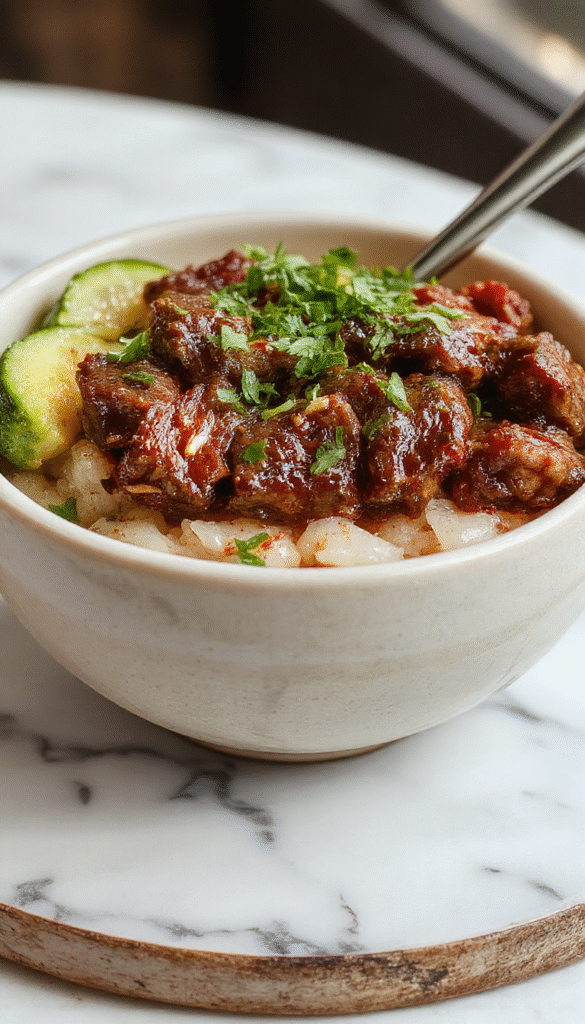 A vibrant pepper steak rice bowl featuring sliced bell peppers, ground beef, and fluffy rice, topped with a sprinkle of fresh herbs, arranged elegantly in a white bowl with colorful ingredients contrasting vividly against a rustic wooden table background.
