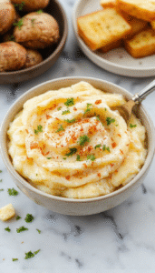 A close-up of a creamy, fluffy mound of mashed potatoes in a rustic white bowl. The potatoes are smooth with a subtle sheen, topped with a pat of melting butter and sprinkled with chopped chives. The background features a warm wooden table with festive fall decorations and a spoon resting beside the bowl, emphasizing comfort and holiday spirit.