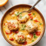 A steaming bowl of Italian Meatball Soup featuring tender meatballs nestled in a vibrant tomato broth, garnished with chopped fresh herbs, and surrounded by slices of bread on a rustic wooden table.