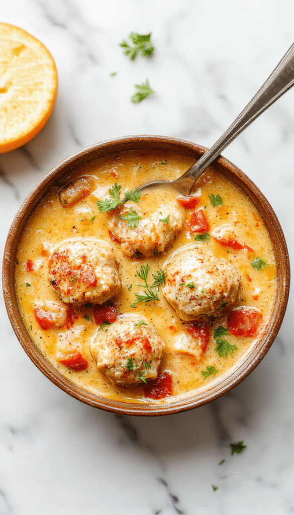 A steaming bowl of Italian Meatball Soup featuring tender meatballs nestled in a vibrant tomato broth, garnished with chopped fresh herbs, and surrounded by slices of bread on a rustic wooden table.