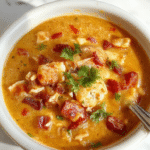 A vibrant bowl of creamy taco soup garnished with fresh cilantro, shredded cheese, and sliced jalapeños. The soup has a rich, orange-colored base with visible chunks of beef, corn, and beans, served on a rustic wooden table with tortilla chips and a dollop of sour cream on the side.