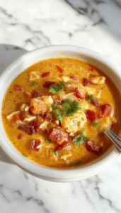 A vibrant bowl of creamy taco soup garnished with fresh cilantro, shredded cheese, and sliced jalapeños. The soup has a rich, orange-colored base with visible chunks of beef, corn, and beans, served on a rustic wooden table with tortilla chips and a dollop of sour cream on the side.