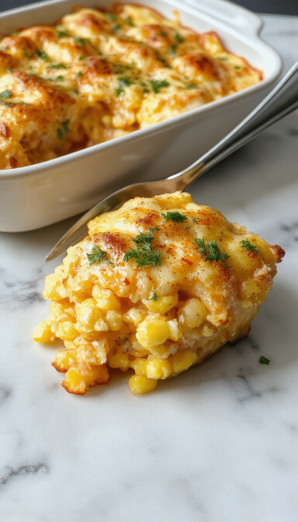 A golden-brown Jiffy corn casserole in a rustic ceramic baking dish, topped with a crispy, slightly caramelized crust. The casserole reveals a moist, fluffy interior with visible sweet corn kernels throughout, steam rising from the hot dish. The background features a wooden table with fresh herbs and a serving spoon, suggesting a comforting, homestyle meal.