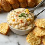 A vibrant bowl of creamy corn dip topped with chopped fresh cilantro, crumbled cheese, and a drizzle of chili-lime sauce, surrounded by crispy tortilla chips on a rustic wooden table.